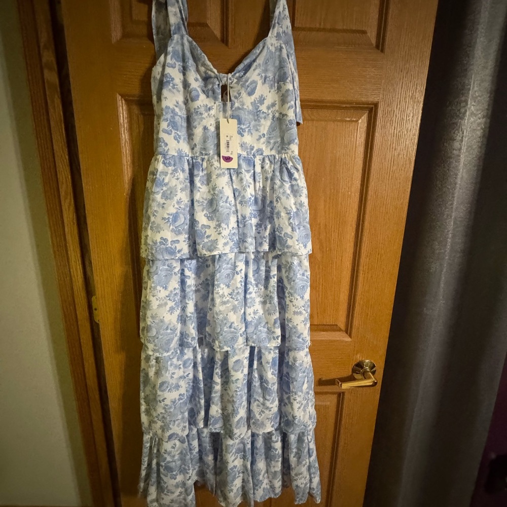 Altar'd State Blue and White Floral Tiered Maxi Dress with Tie Straps - Picture 6 of 14